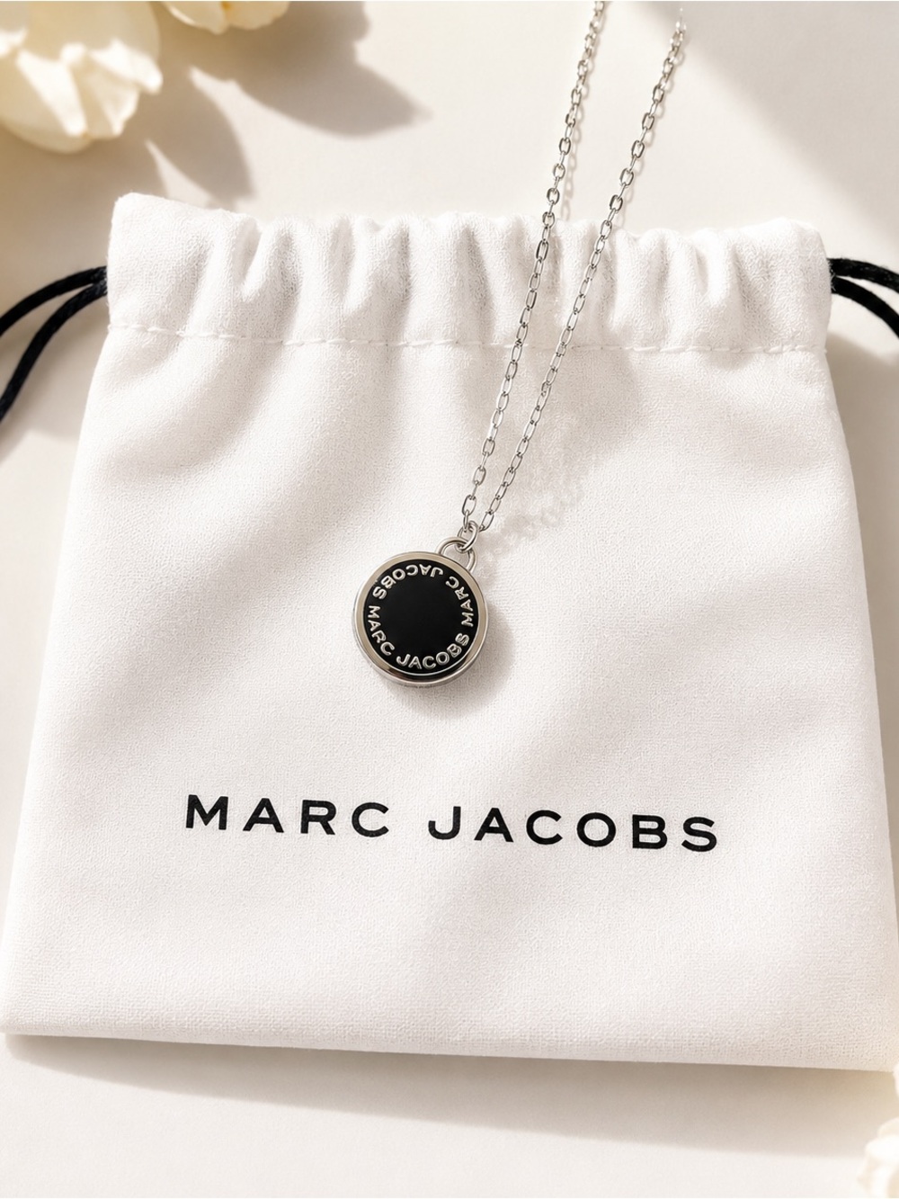 Marc Jacobs Logo Disc Pendant Necklace Silver Tone with Dust Bag